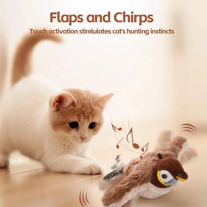 Interactive Cat Toys, Rechargeable Chirping Flapping Bird(no Flying) with Catnip for Indoor Cats, Touch Activated  Plush Toys